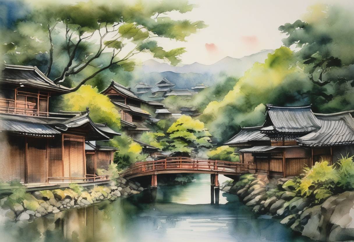 Watercolor painting based depiction of The Kyoto Protocol is adopted, aiming to reduce greenhouse gas emissions. (1997)