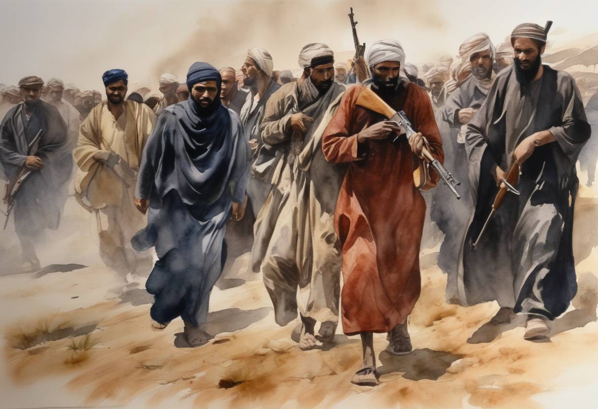 Watercolor painting based depiction of Beni Isguen massacres are carried out by Armed Islamic Group (Groupe Islamique Armé or GIA) in Algeria, leading to the deaths of dozens of people. (1997)