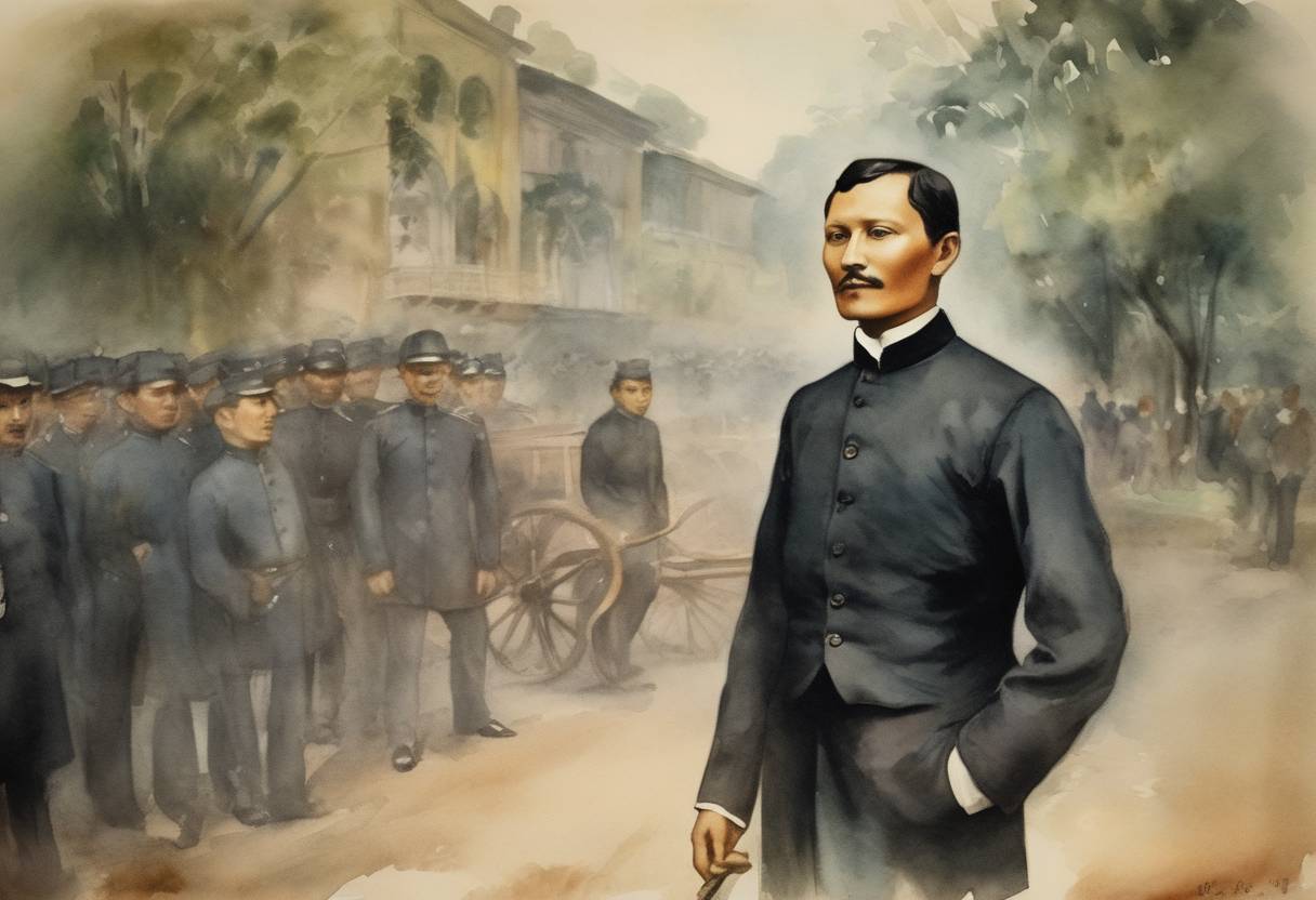 Watercolor painting based depiction of José Rizal, a Filipino nationalist and revolutionary hero, was executed by a firing squad in Manila. His execution galvanized Filipino revolutionaries and contributed to the eventual success of the Philippine Revolution against Spanish rule. (1896)