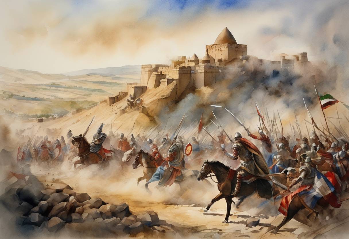 Watercolor painting based depiction of The Battle of Angion took place, marking part of the wider conflict between the Mamluks of Egypt and the Armenians of Cilicia. (1299)