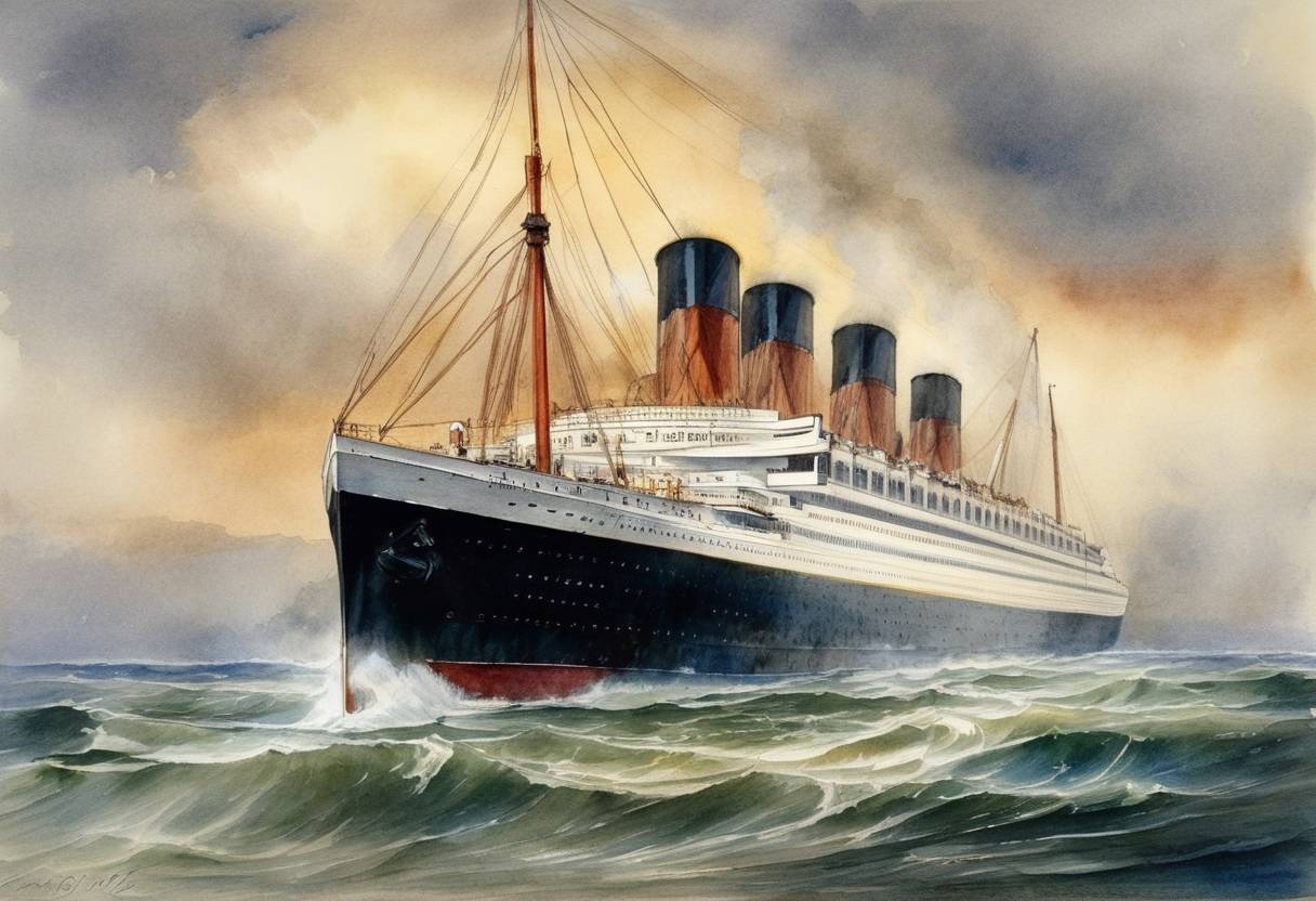 Watercolor painting based depiction of The British passenger liner RMS Lusitania makes its maiden voyage from Liverpool to New York City. Known for its speed and luxury, the Lusitania eventually became a powerful symbol in World War I, after it was sunk by a German U-Boat in 1915, contributing to the United States' entry into the war. (1907)