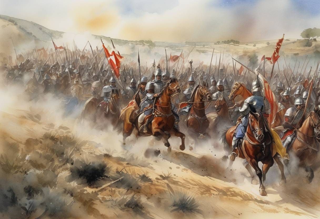 Watercolor painting based depiction of The Battle of Alarcos took place during the Almohad campaign against the Kingdom of Castile. The Spanish-lead army defeated the Almohads at Alarcos, which is near modern Ciudad Real. (1185)