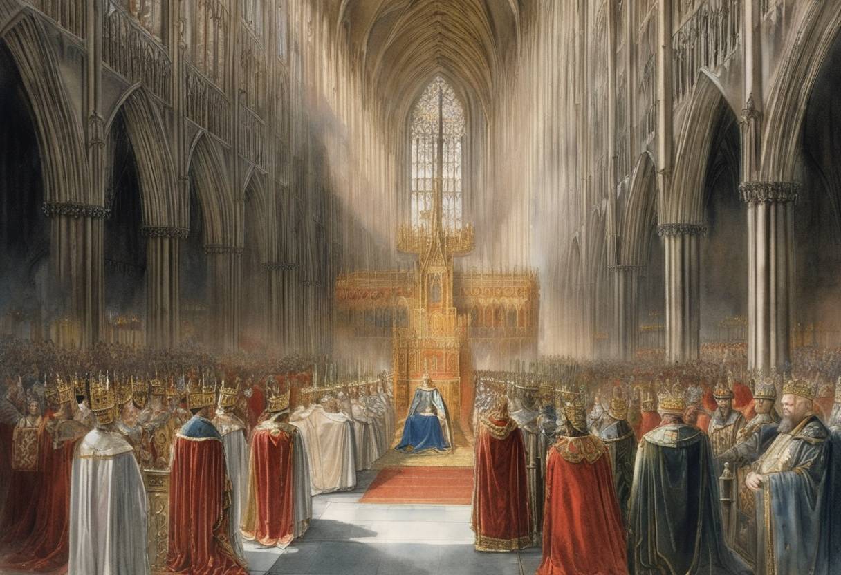 Watercolor painting based depiction of The coronation of Edward II as King of England took place at Westminster Abbey. (1308)