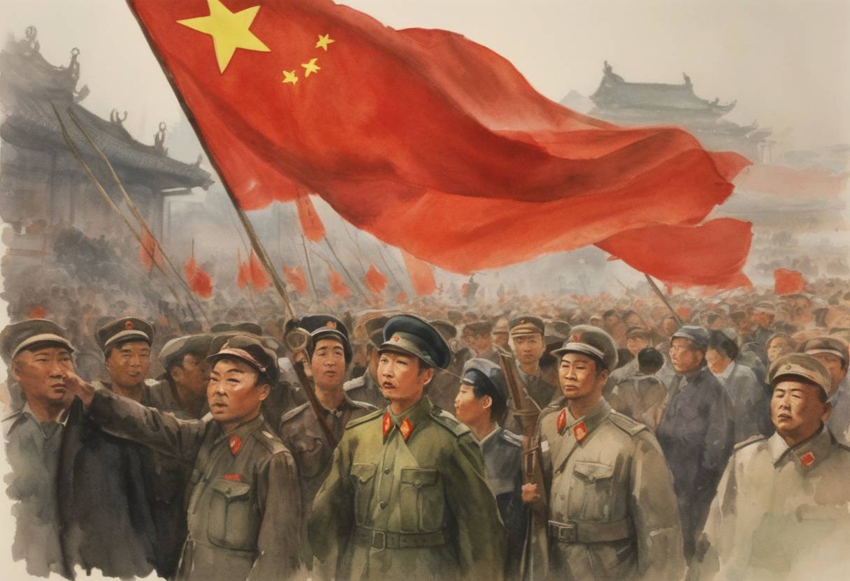 Watercolor painting based depiction of The Cultural Revolution in China begins officially with a directive issued by the Chinese Communist Party under the leadership of Chairman Mao Zedong. The aim was to preserve Chinese communism by purging remnants of capitalist and traditional elements from Chinese society and reimposing Maoism as the dominant ideology. (1966)