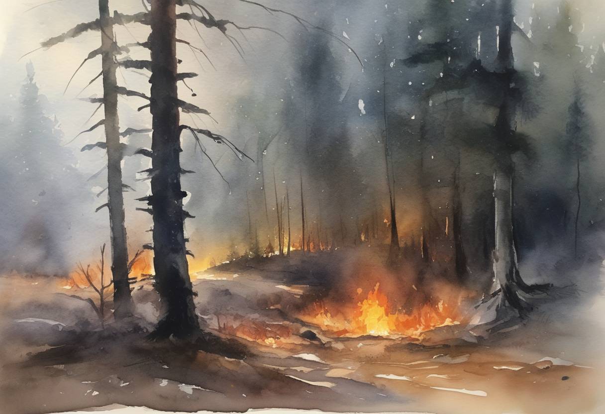 Watercolor painting based depiction of Justin Trudeau, the Prime Minister of Canada, announced that the province of Alberta would be receiving federal assistance in response to devastating wildfires that had swept through the region. (2023)