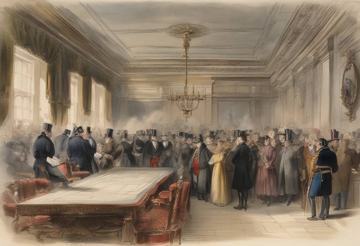 Watercolor painting based depiction of The First Reform Act receives Royal Assent in the United Kingdom, reforming the electoral system by redistributing seats in England and Wales. (1832)