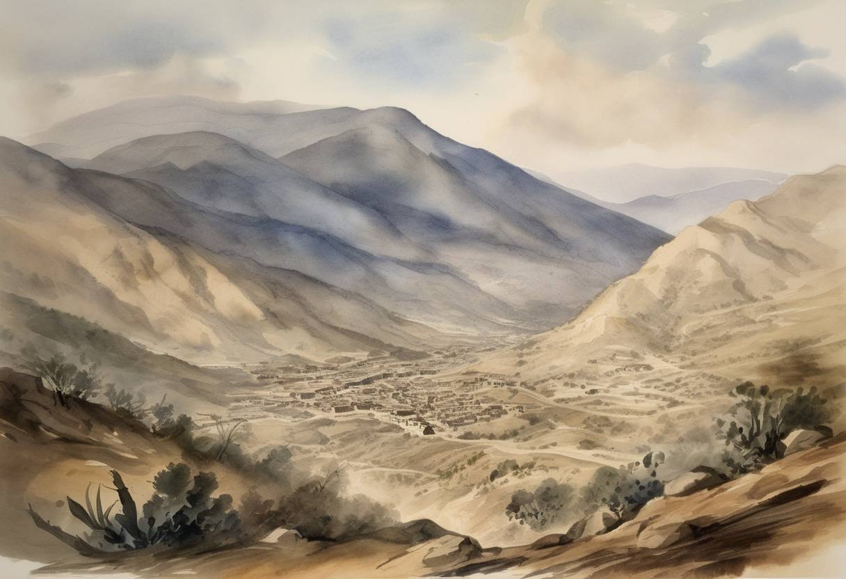 Watercolor painting based depiction of American forces led by General Winfield Scott captured the Mexican town of Cerro Gordo during the Mexican-American War, after overcoming significant defenses. (1847)