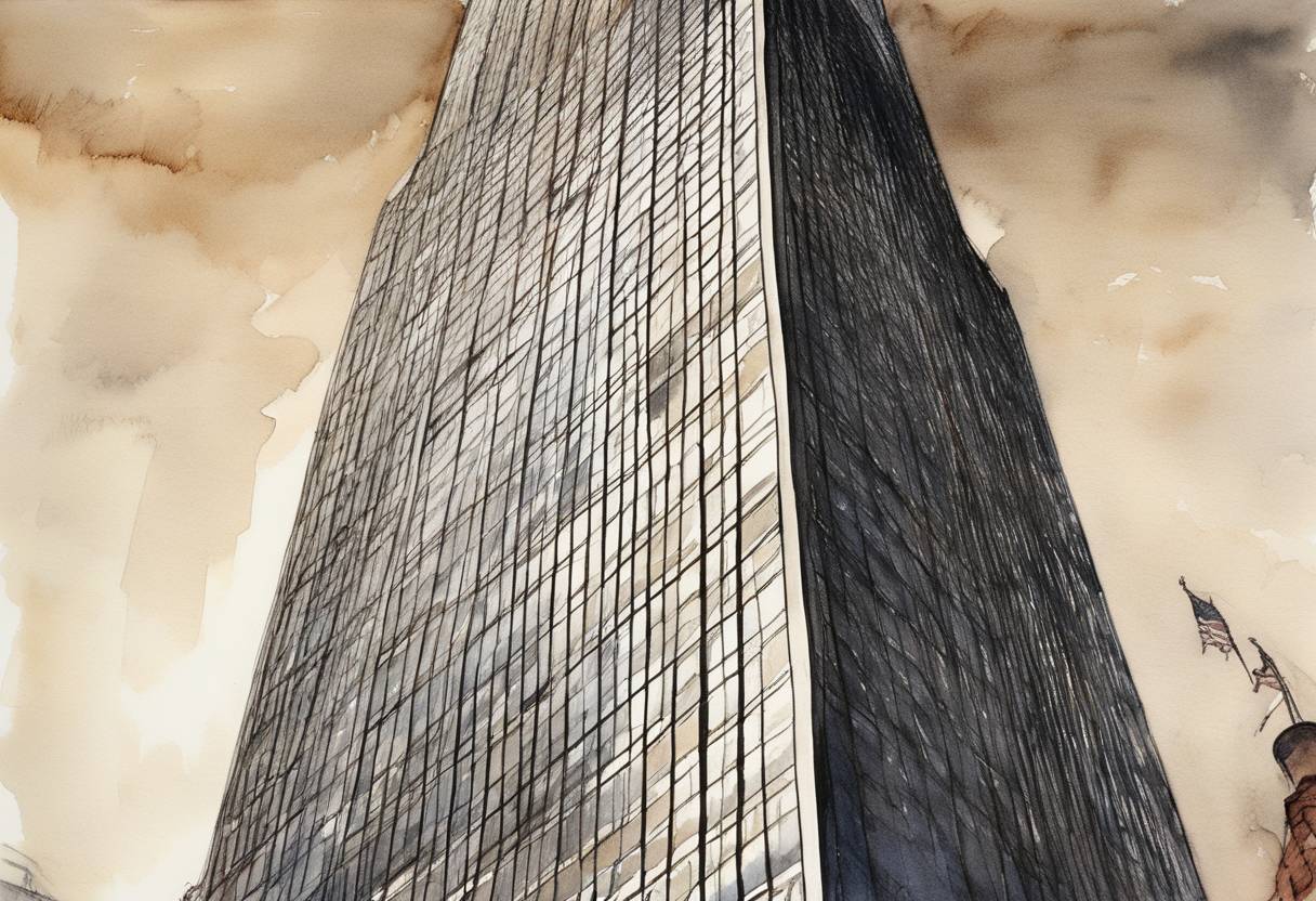 Watercolor painting based depiction of The 108-story Sears Tower (now known as the Willis Tower) in Chicago is topped out as the world's tallest building. (1973)