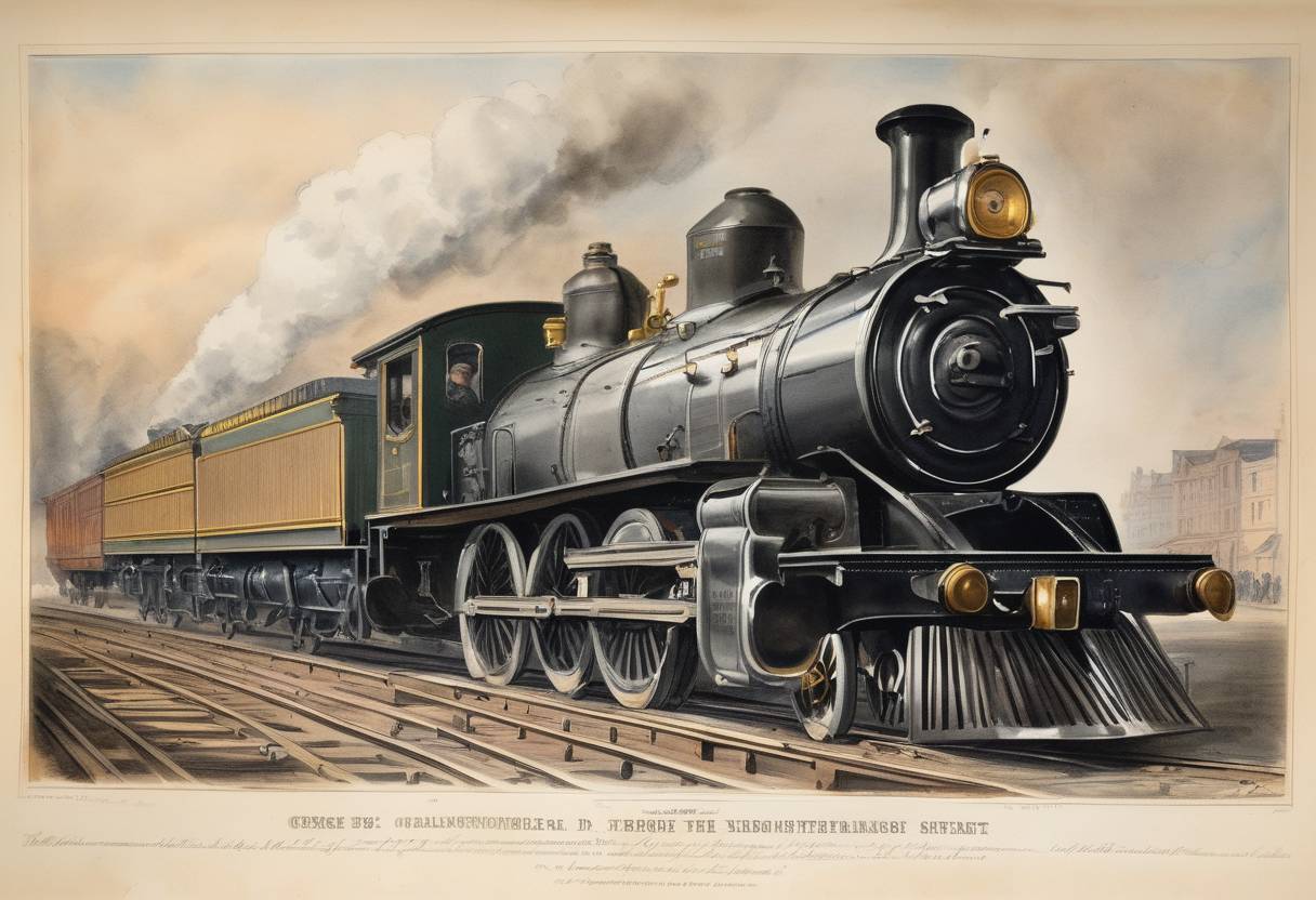 Watercolor painting based depiction of George Westinghouse patents an air brake for railroad trains, revolutionizing railway safety and efficiency. (1872)
