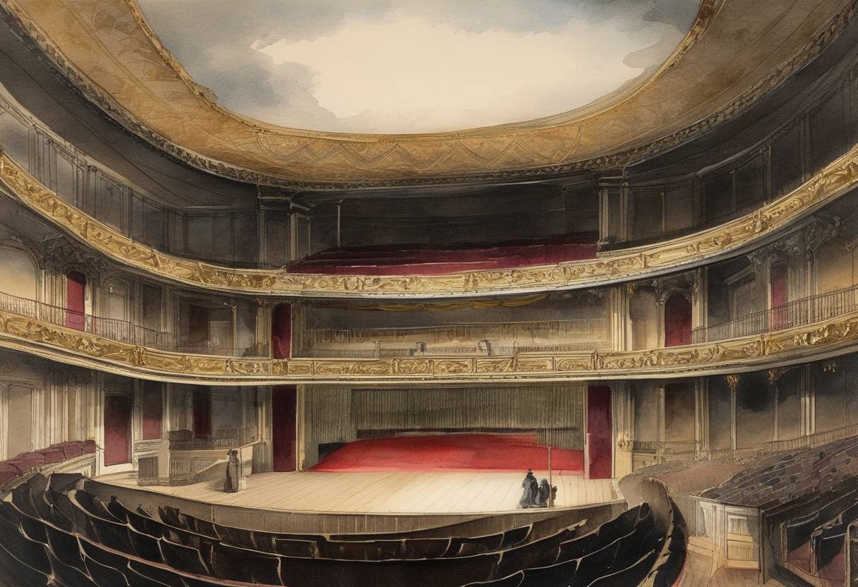 Watercolor painting based depiction of The first theatre to be gas-lit in Europe, the Théâtre de l'Ambigu-Comique, opened in Paris, France. (1845)