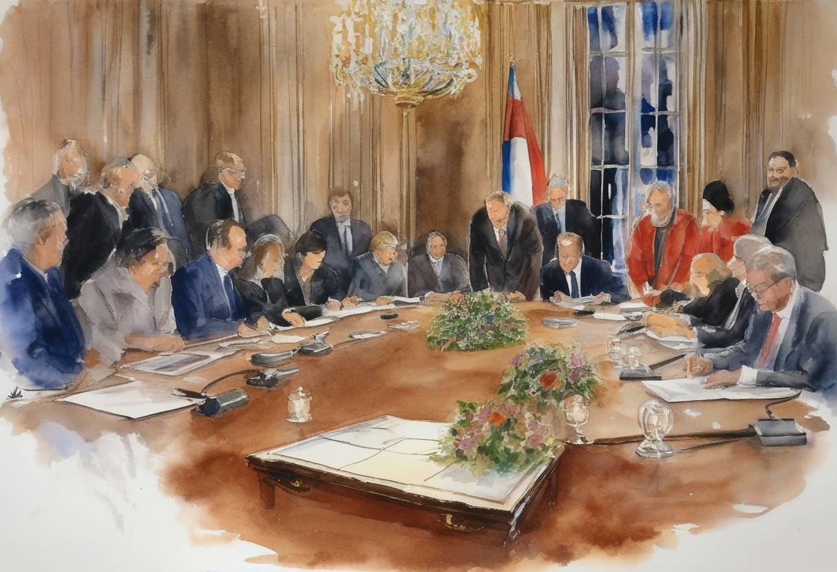 Watercolor painting based depiction of The Dayton Agreement is signed in Paris, ending the Bosnian War and outlining the framework for the future political structure of Bosnia and Herzegovina. (1995)