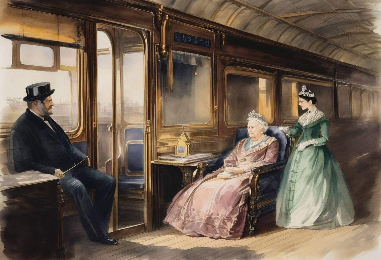 Watercolor painting based depiction of Queen Victoria traveled by train for the first time on the Great Western Railway from Slough to Paddington station in London. (1842)