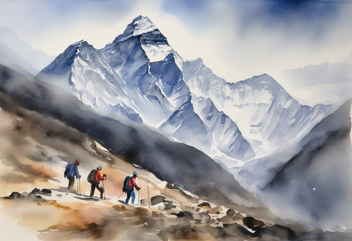 Watercolor painting based depiction of Two climbers died on Mount Everest, bringing the death toll for the climbing season to eleven. (2019)