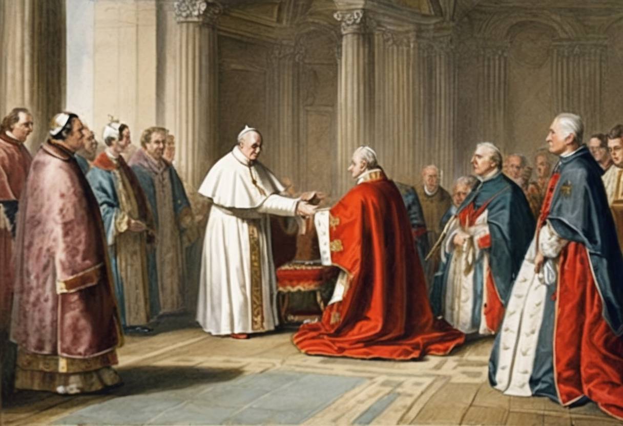 Watercolor painting based depiction of Pope Pius VI appoints Father John Carroll as the first Catholic bishop in the United States. (1789)
