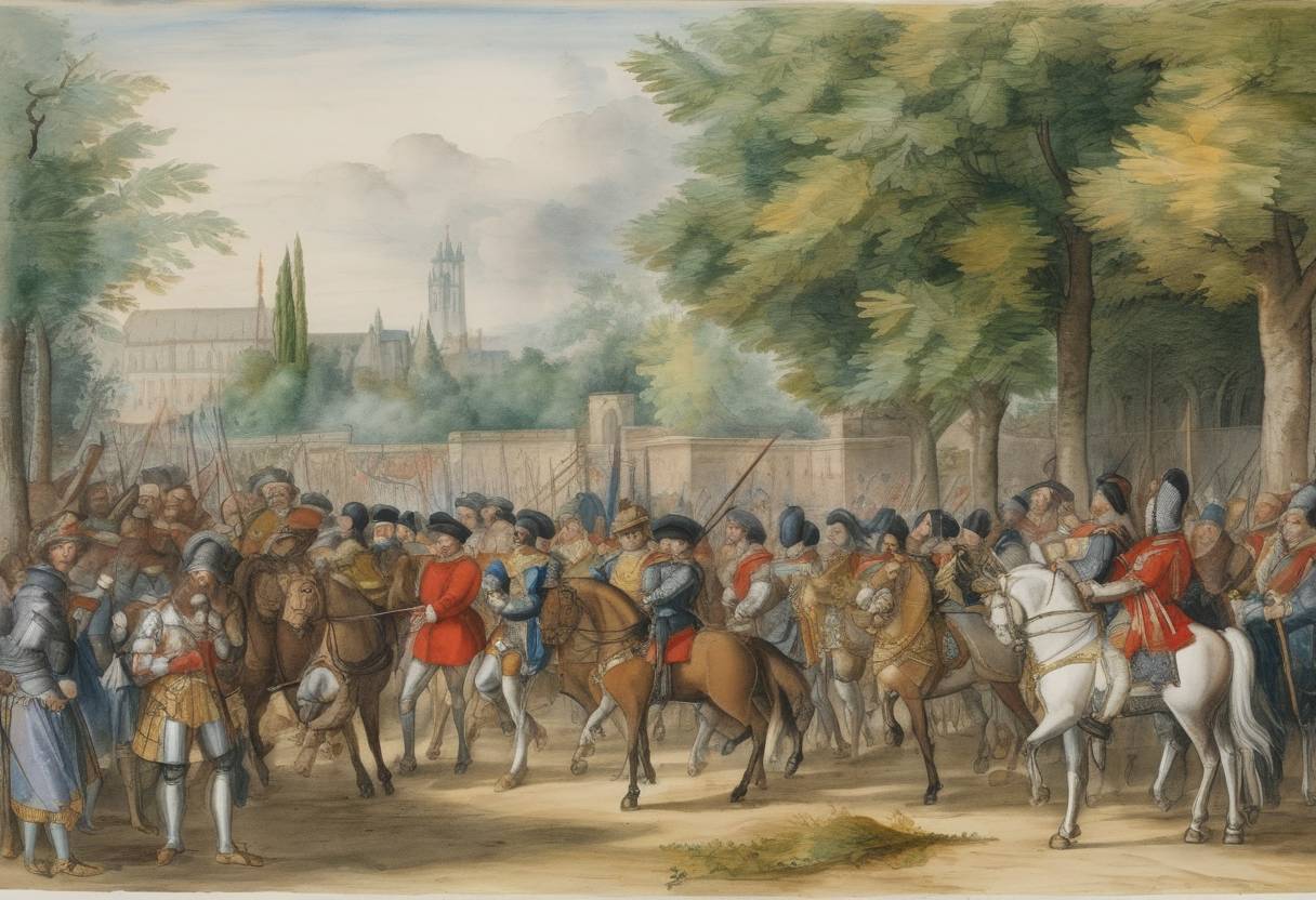 Watercolor painting based depiction of The Peace of Crépy was signed between the Holy Roman Emperor Charles V and King Francis I of France, ending one phase of the Italian Wars (1521–1559). (1547)