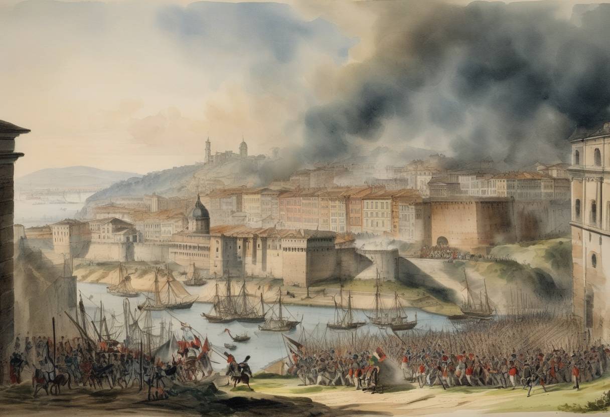 Watercolor painting based depiction of The Siege of Genoa began as part of the French Revolutionary Wars, where the Austrians besieged the city defended by French forces led by General André Masséna. The situation would lead to a significant famine in the city. (1800)