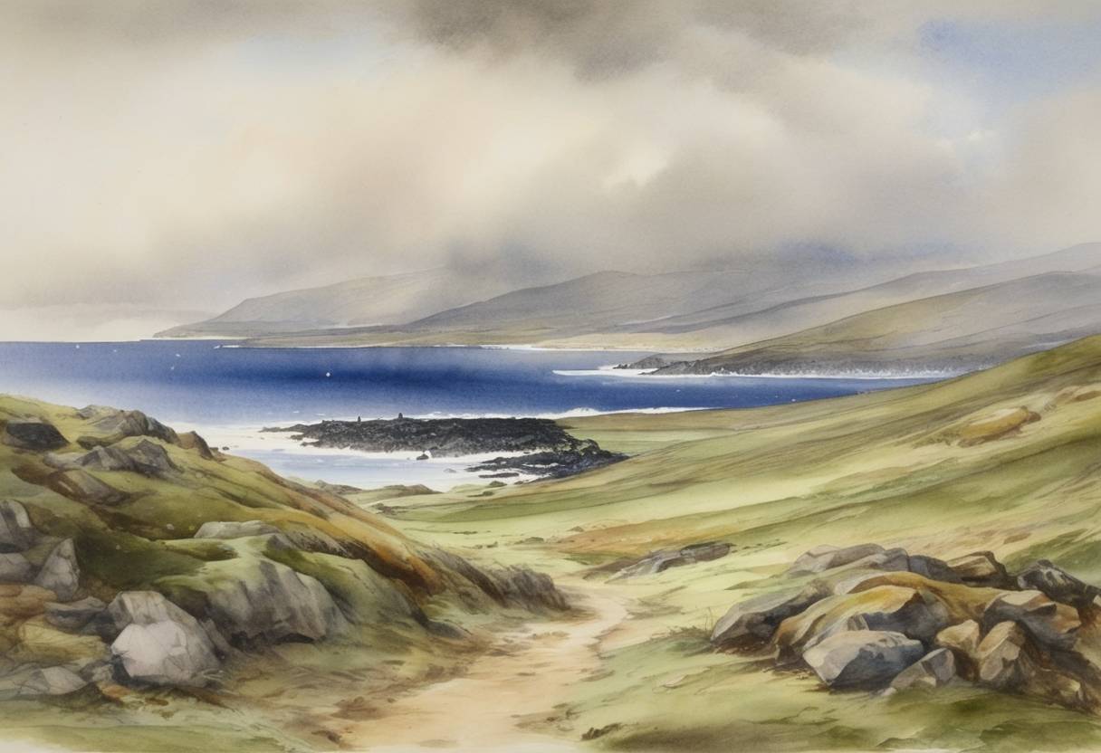 Watercolor painting based depiction of The United Kingdom claims ownership of the Falkland Islands in the South Atlantic Ocean, which remains a point of contention between the UK and Argentina. (1833)