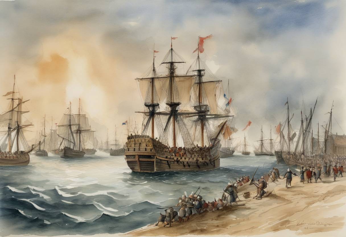 Watercolor painting based depiction of A naval encounter known as the Battle of Arnemuiden took place between the Kingdom of England and the Kingdom of France during the early stages of the Hundred Years' War. This engagement was significant for being the first recorded European naval battle involving the use of artillery. (1332)