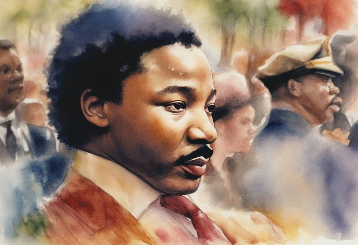 Watercolor painting based depiction of The Martin Luther King Jr. holiday was observed in all 50 U.S. states for the first time. (1993)