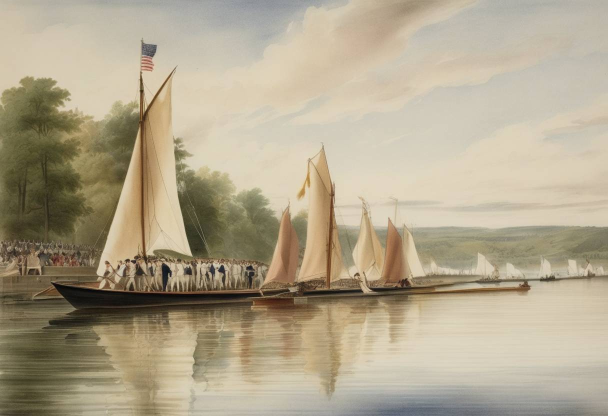 Watercolor painting based depiction of Harvard defeats Yale in the first intercollegiate sporting event in the United States, rowing in the Harvard-Yale Regatta. (1852)