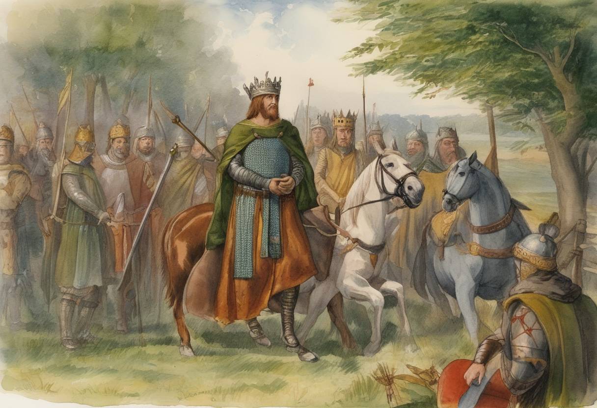 Watercolor painting based depiction of Edgar the Ætheling, a claimant to the English throne, along with other English nobles, submitted to King William the Conqueror, effectively marking the end of major English resistance following the Norman Conquest. (1067)