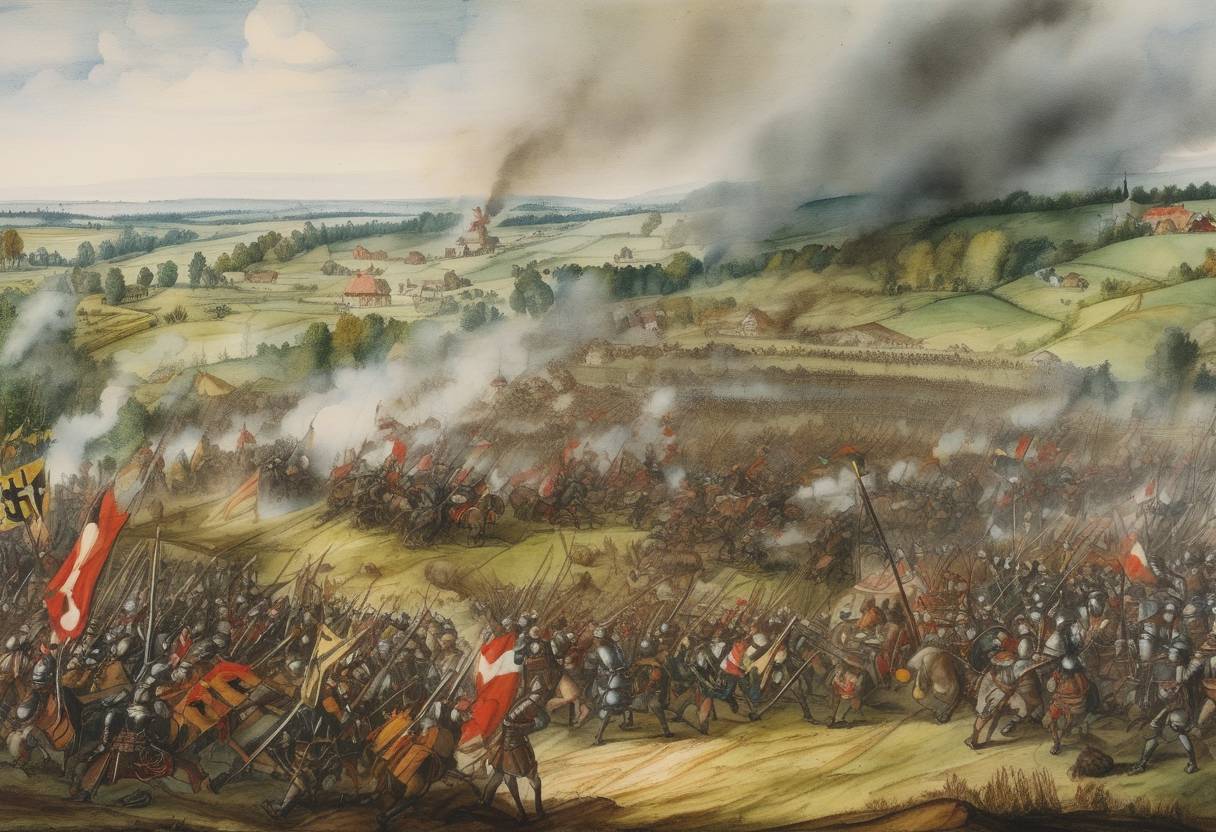 Watercolor painting based depiction of The Battle of Frankenhausen takes place, a significant battle of the German Peasants' War, resulting in a decisive victory for the forces of the Swabian League over the peasant army. (1525)