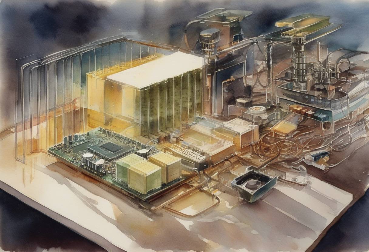 Watercolor painting based depiction of Intel released the world's first commercial microprocessor, the Intel 4004. (1971)