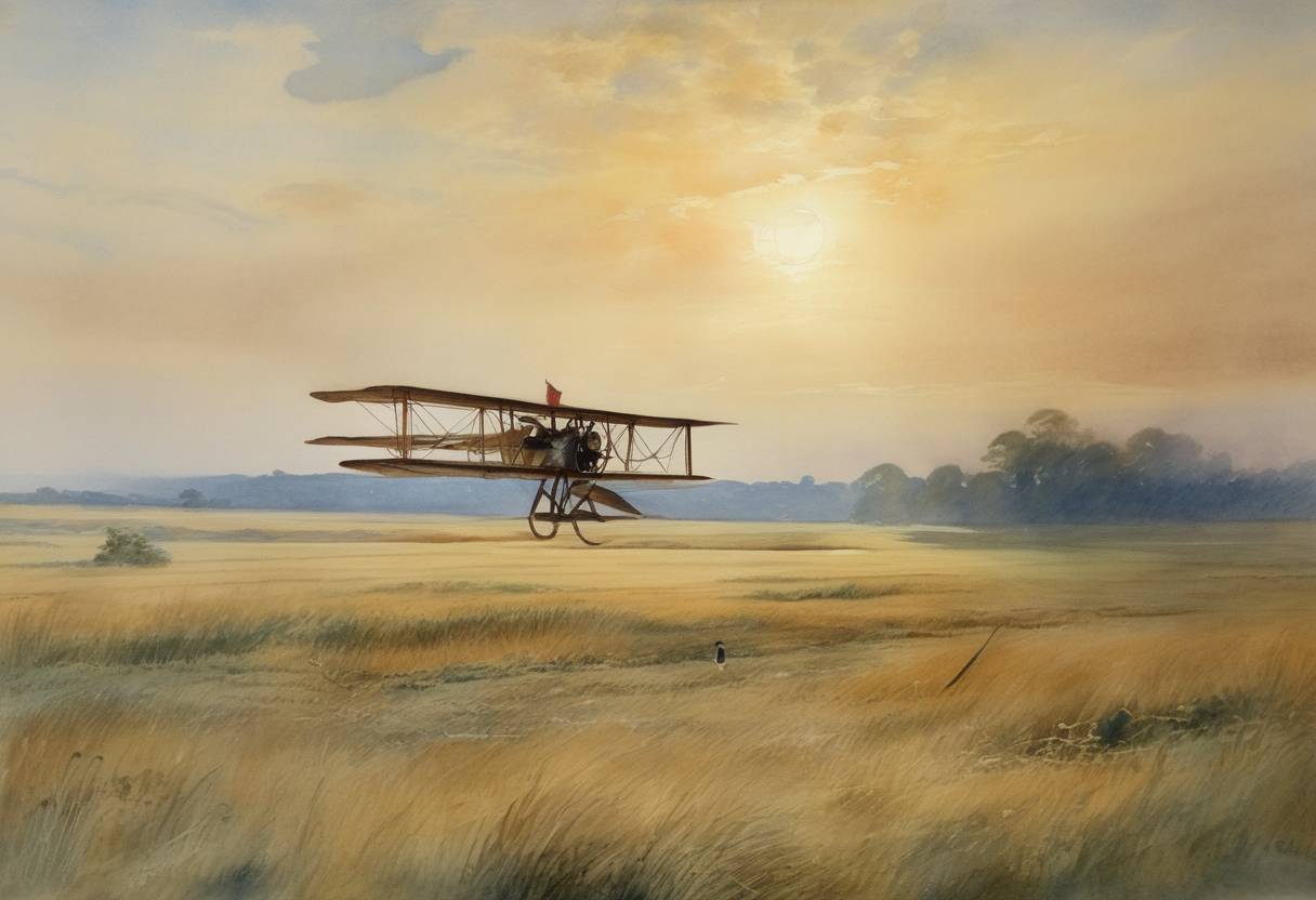 Watercolor painting based depiction of The first claimed powered flight by Gustave Whitehead is reported to have occurred in Fairfield, Connecticut. (1901)