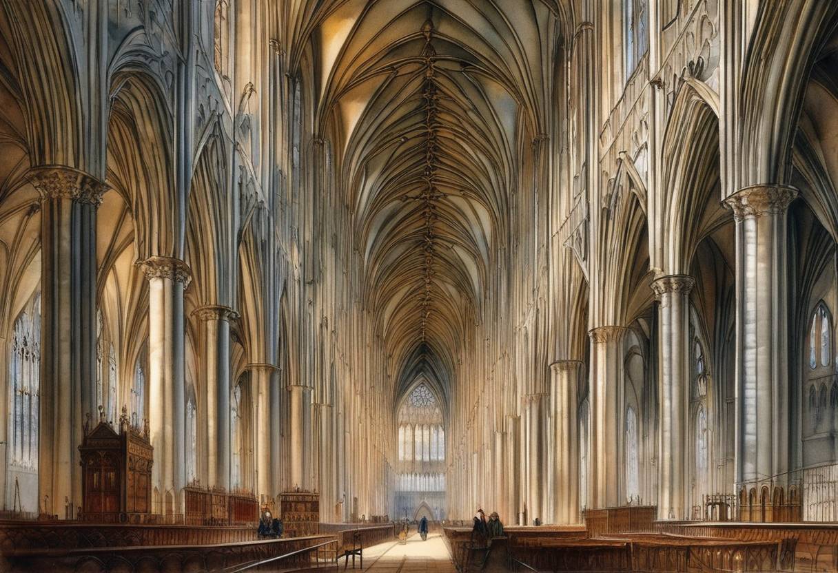 Watercolor painting based depiction of York Minster, one of the largest Gothic cathedrals in Northern Europe, suffers its second major fire. (1840)