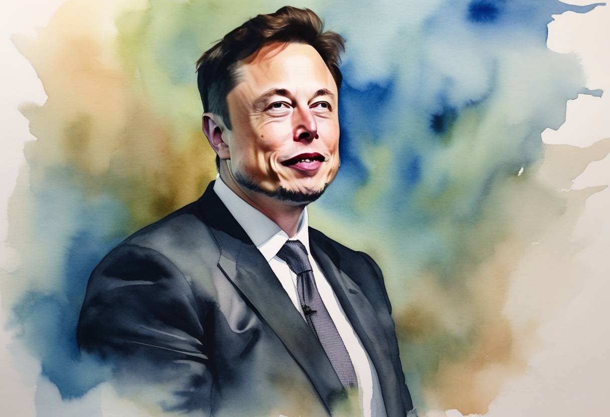 Watercolor painting based depiction of Elon Musk reached an agreement to purchase Twitter for $44 billion, marking one of the largest acquisitions in technology history. (2022)