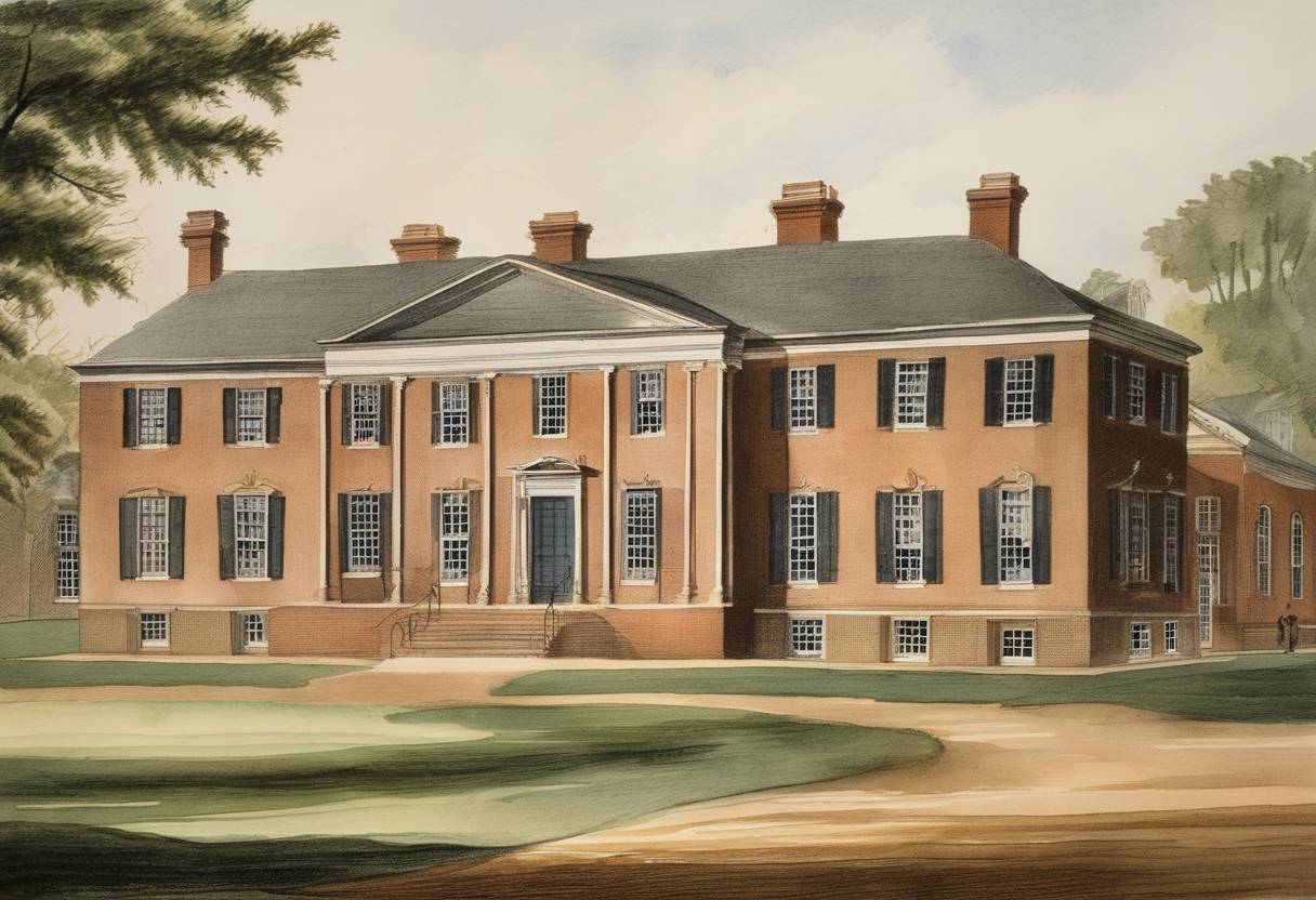 Watercolor painting based depiction of The College of William & Mary in Williamsburg, Virginia, was granted a royal charter by King William III and Queen Mary II of England. It is the second-oldest institution of higher learning in the United States, after Harvard University. (1693)