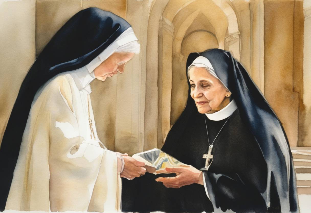 Watercolor painting based depiction of The 'Doctor of the Church' honor is bestowed upon Teresa of Avila and Catherine of Siena by Pope John Paul II, marking the first time women received the title. (1990)