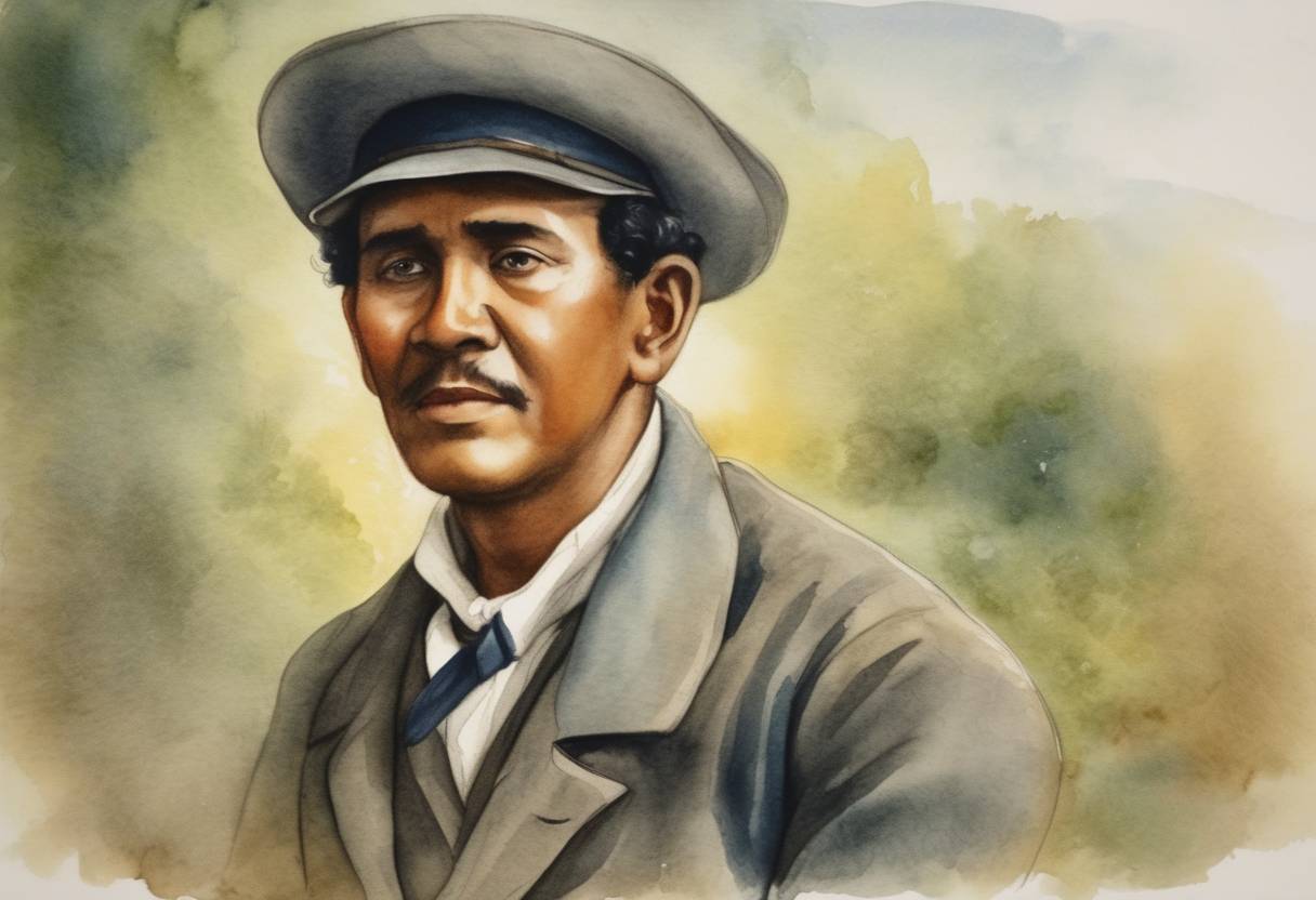 Watercolor painting based depiction of Nicaraguan national hero, teacher, and popularly known martyr, Augusto César Sandino was born in Niquinohomo, Nicaragua. (1836)