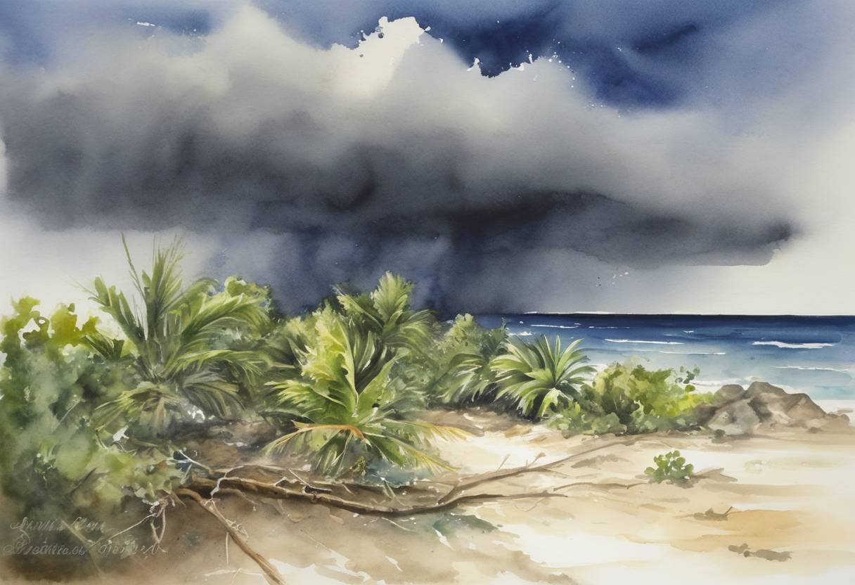 Watercolor painting based depiction of A tropical storm later named Hurricane Wilma makes landfall in Cozumel, Mexico, as a Category 4 hurricane, resulting in widespread damage in Mexico and later affecting Florida. (2005)