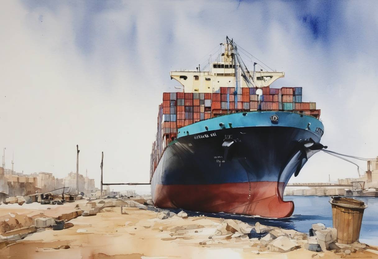 Watercolor painting based depiction of The Ever Given, the container ship that had been blocking the Suez Canal for nearly a week, was finally declared officially free. The ship had initially been freed from its lodged position on March 29, but a legal and compensation dispute between the ship's owners and the Suez Canal Authority resulted in the Ever Given being held in the Great Bitter Lake until a deal was reached. (2021)