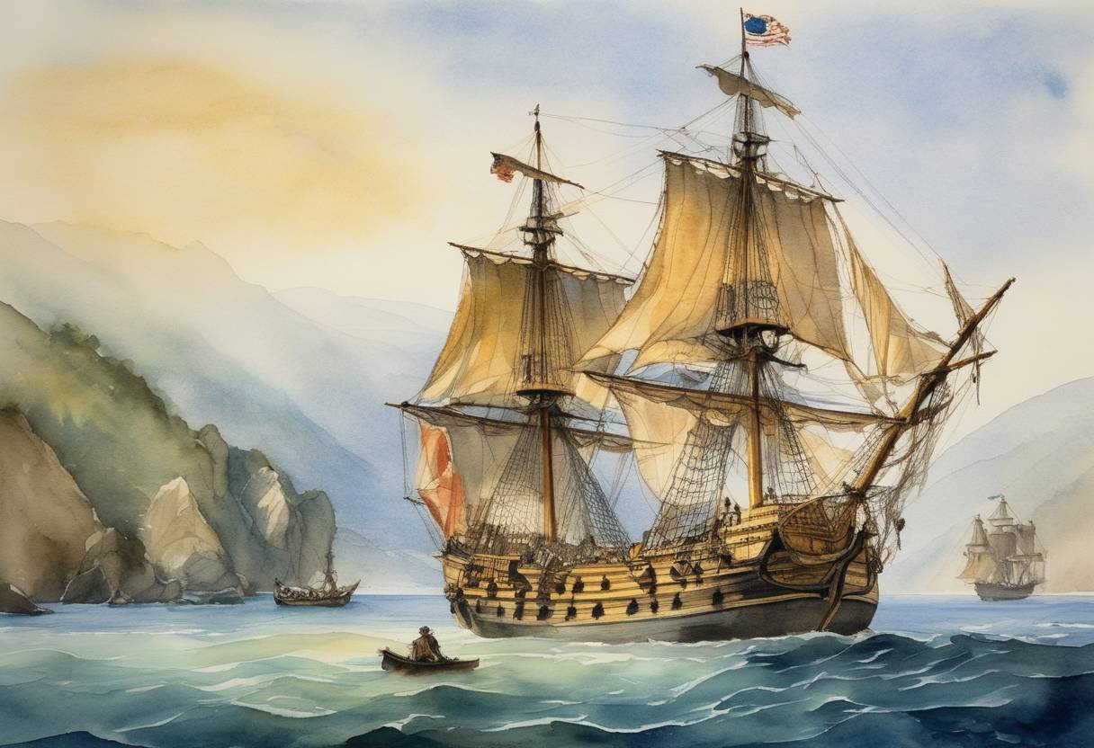 Watercolor painting based depiction of During his circumnavigation of the world, Sir Francis Drake, an English sea captain and privateer, anchored the Golden Hind at a place believed to be Drake's Bay, California. (1579)