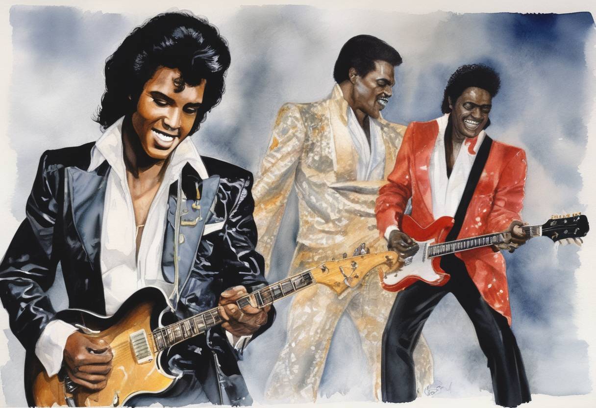 Watercolor painting based depiction of The first inductees into the Rock and Roll Hall of Fame are announced, including Elvis Presley, Chuck Berry, and James Brown. (1986)