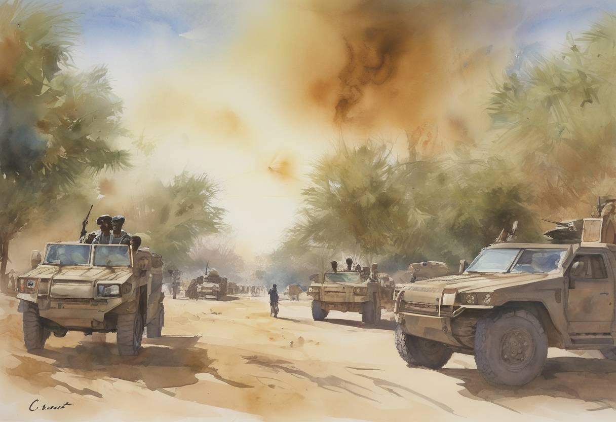 Watercolor painting based depiction of Chad declared a state of war with Sudan, accusing it of supporting Chadian rebels. This declaration marked a significant escalation in tensions between the two countries, contributing to regional instability in Central Africa. (2005)