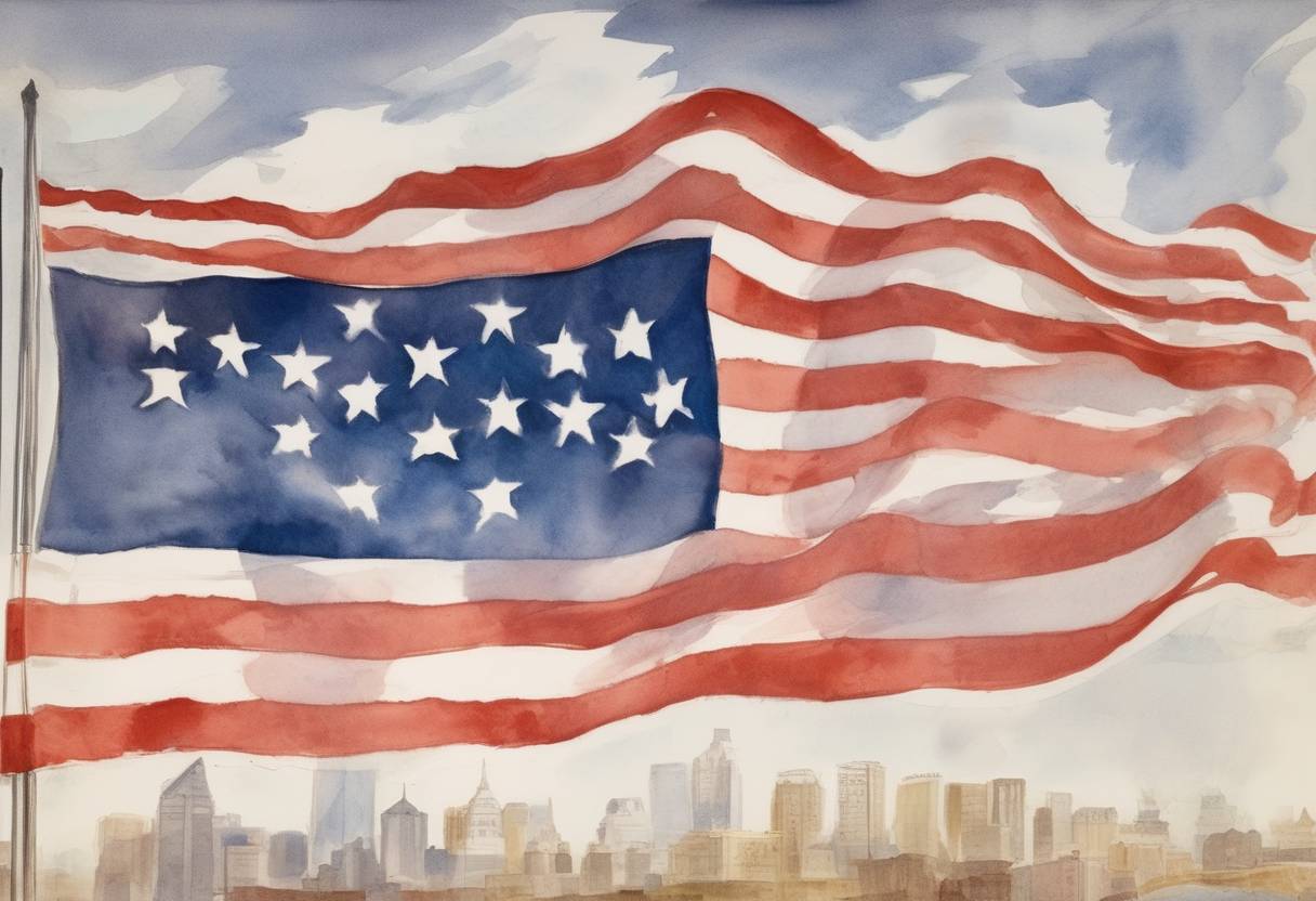 Watercolor painting based depiction of The 50-star flag of the United States debuts in Philadelphia after Hawaii becomes the 50th state. (1960)