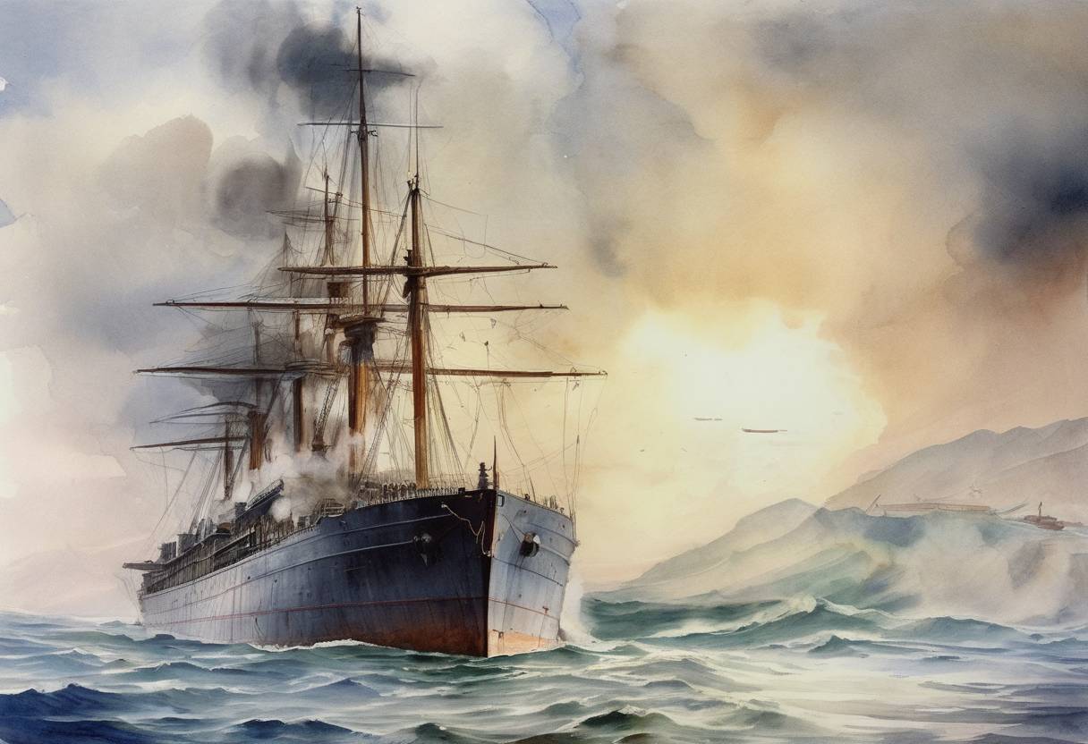 Watercolor painting based depiction of The British Royal Navy sinks the German cruiser SMS Dresden off the coast of Chile during World War I. (1915)