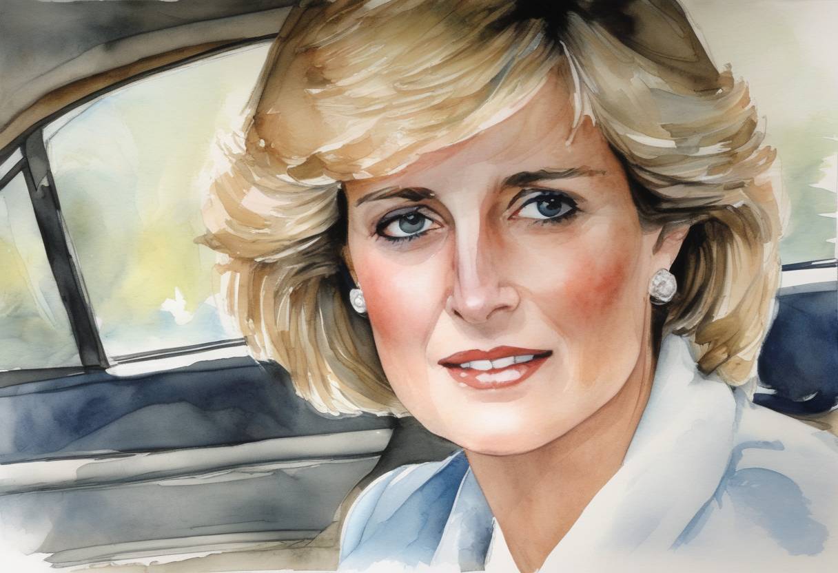 Watercolor painting based depiction of Diana, Princess of Wales, dies in a car crash in Paris, France. (1997)