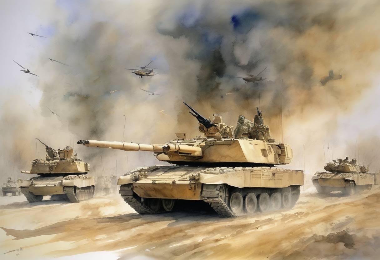 Watercolor painting based depiction of The United States launched Operation Iraqi Freedom, marking the beginning of the Iraq War, with a coalition of forces invading Iraq to overthrow Saddam Hussein's regime. (2003)
