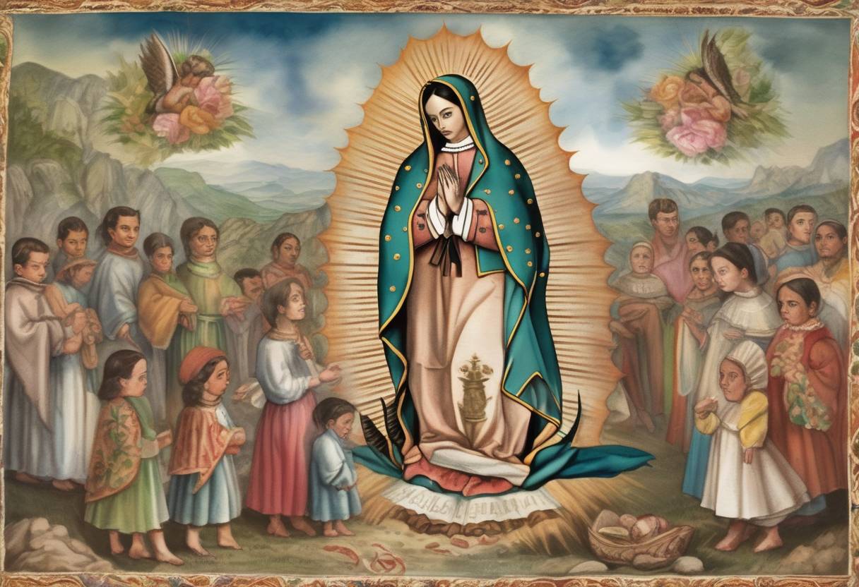 Watercolor painting based depiction of The Virgin of Guadalupe is said to have appeared to Juan Diego at Tepeyac, Mexico, an event that became a cornerstone of Mexican Catholic identity. (1531)