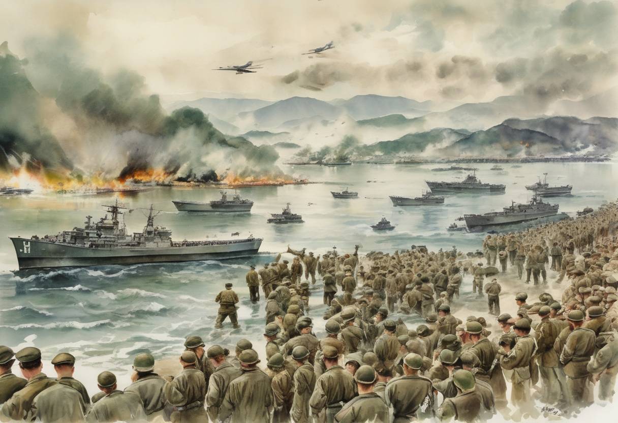 Watercolor painting based depiction of UN forces, led by General Douglas MacArthur, launched the successful Inchon Landing during the Korean War, which turned the tide in favor of the United Nations Command. (1950)