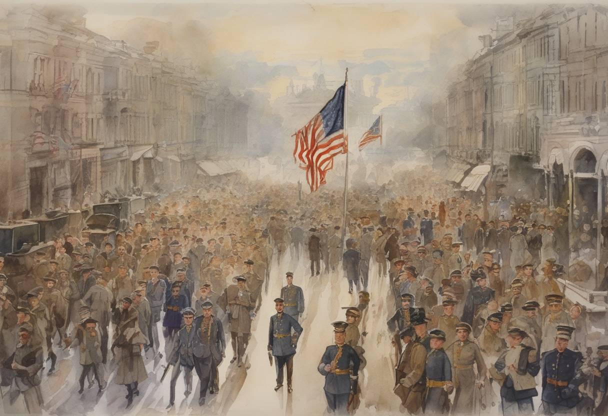 Watercolor painting based depiction of The United States formally entered World War I by declaring war on Germany. (1917)