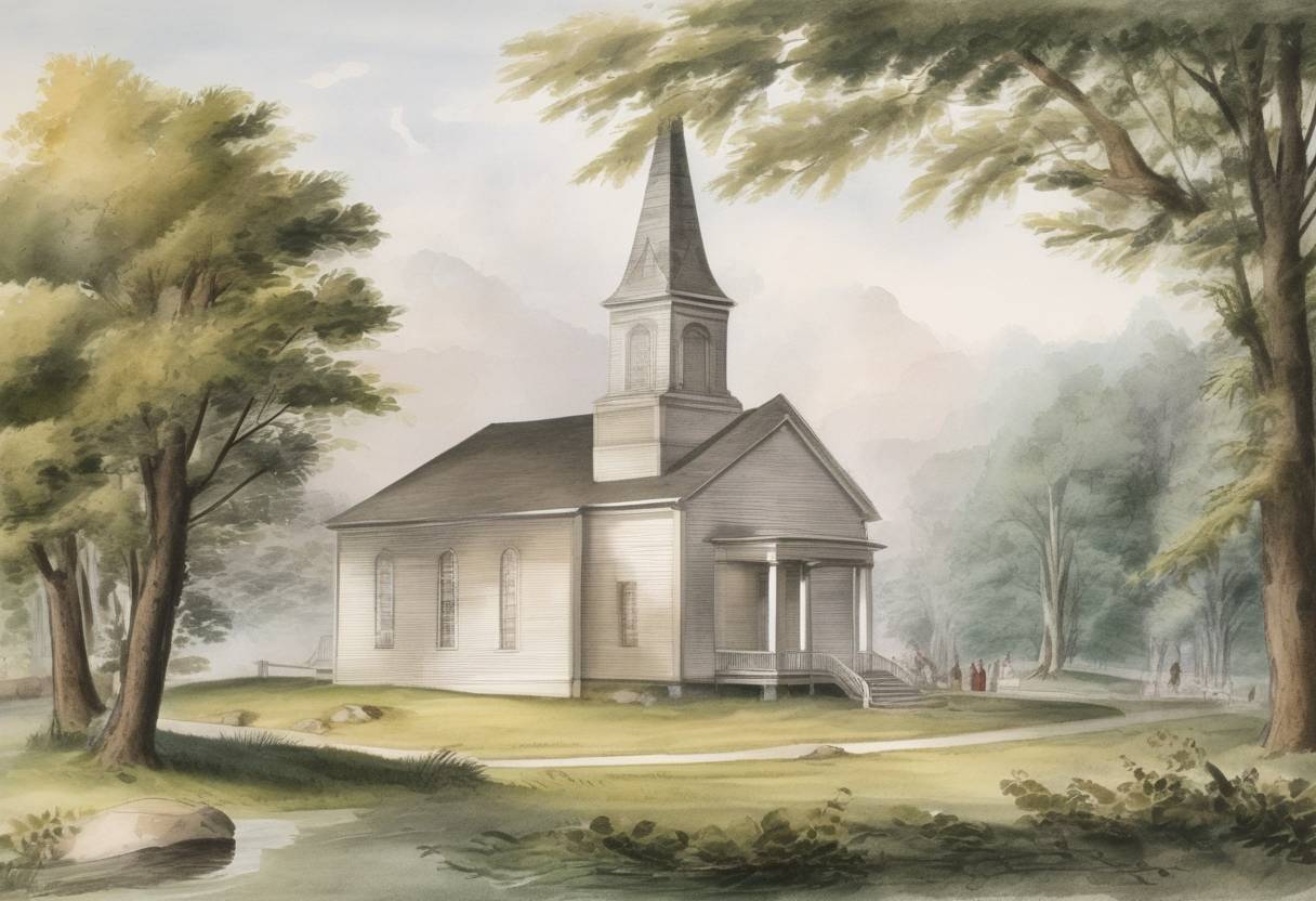 Watercolor painting based depiction of The Church of Jesus Christ of Latter-day Saints was formally organized by Joseph Smith in Fayette, New York. (1830)