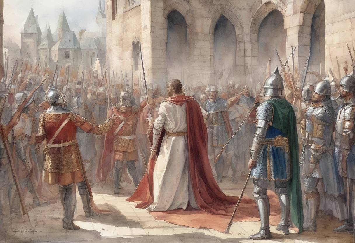 Watercolor painting based depiction of King Sigismund of Burgundy is executed at Orléans after being defeated by the Franks. (524)