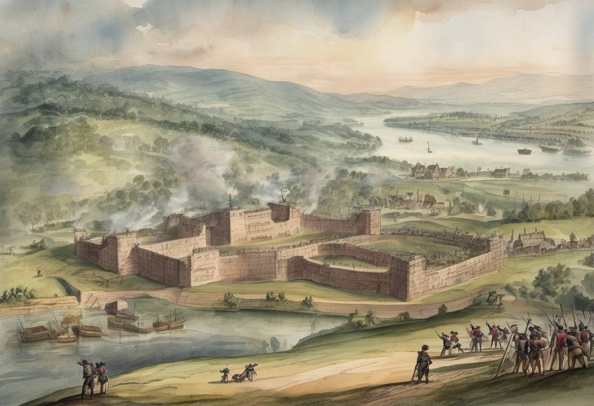Watercolor painting based depiction of British forces captured Fort Duquesne from the French during the French and Indian War, renaming it Fort Pitt. (1758)