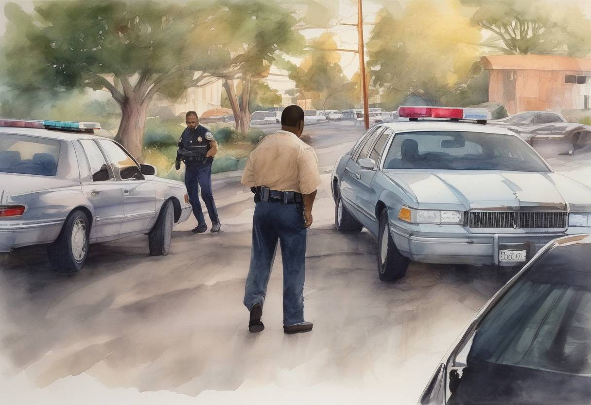 Watercolor painting based depiction of Following a televised low-speed car chase, O.J. Simpson is arrested for the murders of Nicole Brown Simpson and Ronald Goldman. (1994)