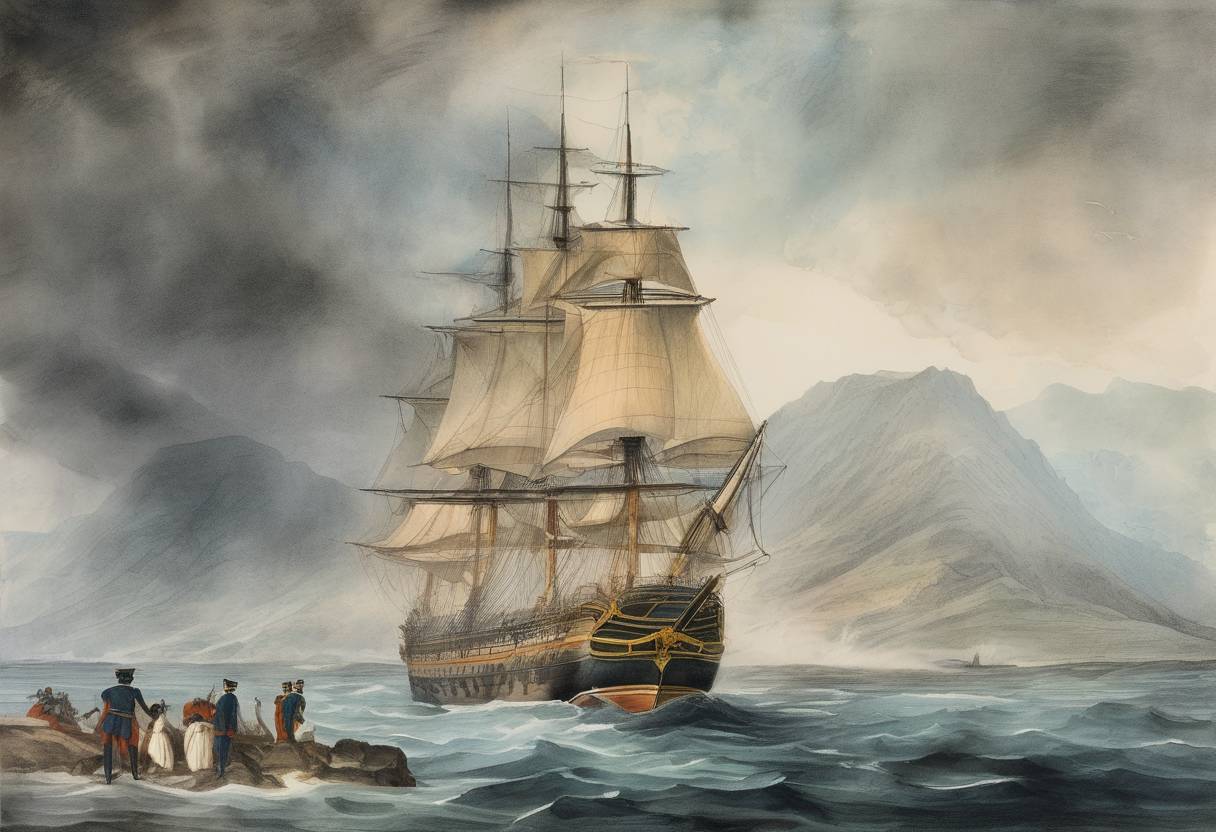 Watercolor painting based depiction of Napoleon Bonaparte begins his exile on the island of Saint Helena in the South Atlantic Ocean after his defeat at the Battle of Waterloo. (1815)